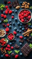 A colorful array of fresh berries, nuts, and chocolate arranged artistically on a dark surface photo