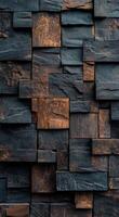 Textured wall of dark stone bricks with warm undertones in natural sunlight photo