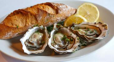 Fresh oysters served with a slice of lemon and a baguette on a white plate in a restaurant setting photo