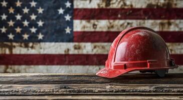 Red hard hat resting on a wooden table in front of an American flag backdrop indoors photo