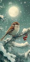A winter bird perched on a snowy branch with berries under a glowing moonlight sky photo