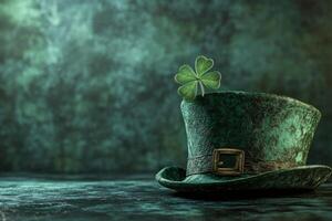 A vintage green top hat with a shamrock resting on its brim against a textured emerald background photo