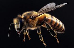 Close-up view of a bee showcasing intricate details of its wings and body structure in natural light photo