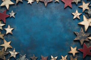 A textured blue background framed with golden stars creates a festive atmosphere for celebrations photo