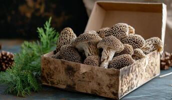 Freshly harvested morel mushrooms in a rustic wooden box on a dark surface with greenery photo