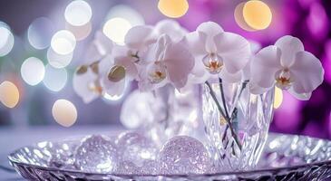 Elegant display of white orchids in crystal vases on a decorative tray with sparkling accents photo
