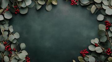 Green foliage with red berries arranged on a textured dark background for seasonal decoration photo