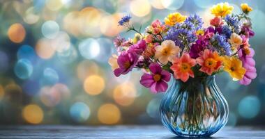 A vibrant bouquet of mixed flowers in a glass vase set against a soft blurred background photo