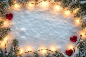 Festive holiday decoration with red hearts, lights, and snow creating a cheerful atmosphere photo