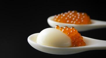 Elegant culinary arrangement of caviar on white spoons with a spherical element photo