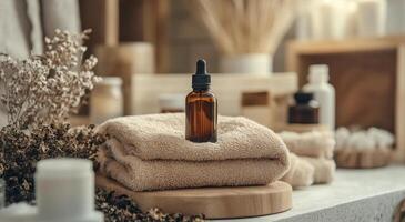 Essential oil dropper bottle on a wooden surface surrounded by towels and spa accessories photo