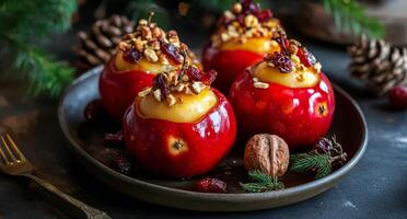 Baked apples with nuts and dried fruits served on a festive table during the holiday season photo