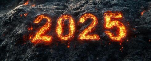 Fiery representation of the year 2025 with molten lava glow against a dark volcanic backdrop photo