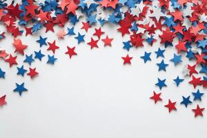 Colorful stars in red, white, and blue scatter across a plain white background photo