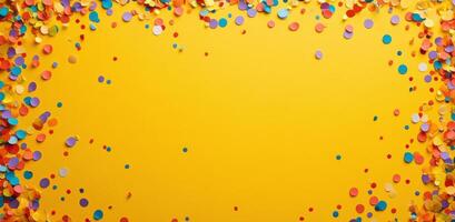 Colorful confetti spread out across a bright yellow background, perfect for celebrations and parties photo