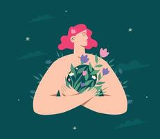 The figure of a woman with a hole inside, from which flowers grow, is a metaphor for the healing of mental trauma, personal psychological disorder. The concept of internal recovery. vector