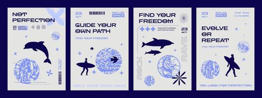 A set of minimalistic posters with simple shapes and silhouettes of surfers and dolphins. A design template for a techno rave party or event. vector