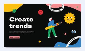 A woman with a big pencil drawing the sun. A symbol of creating interesting content and new trends, a blogger, an influencer, an artist. Landing page template. vector