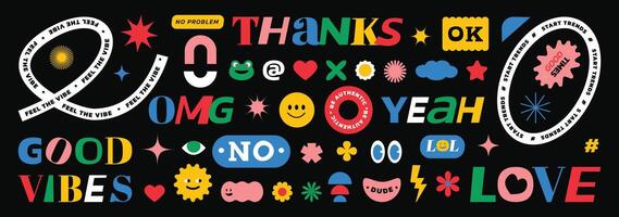 A set of stickers, label with naive bright abstract shapes. Design elements with distorted typography and geometric shapes. Rethinking the style of groovy and brutalism. vector