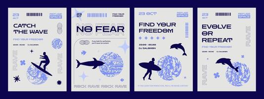 A set of minimalistic posters with textured spheres and silhouettes of surfers and dolphins. A design template for a rave techno party or event. vector
