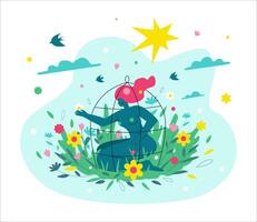 A woman in a cage surrounded by flowers, birds, clouds. Metaphor of depression, isolation of oneself, withdrawal from negative mental thoughts, struggle with psychological personality disorder. vector