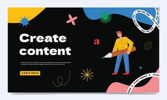A man with a large pencil, a symbol of a content creator, artist, designer, blogger. A bright trendy landing page template. vector