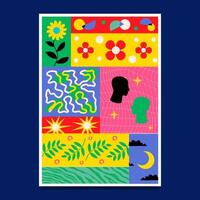 A colorful kitschy poster in the form of a collage with simple patterns and doodles. vector