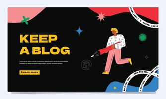 Vivid landing page template, a woman with a large pencil, a blogger symbol, a content creator, an artist, a designer. vector
