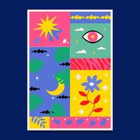A poster in the form of a kitsch collage with bright primitive patterns and doodles. vector