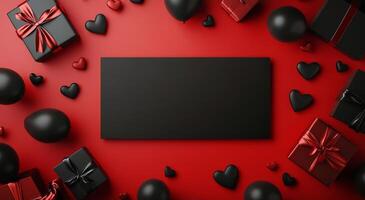 Festive black and red display with heart-shaped balloons and decorative gifts for a special occasion photo