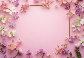 Beautifully arranged colorful flowers creating a decorative frame on a pastel pink background photo