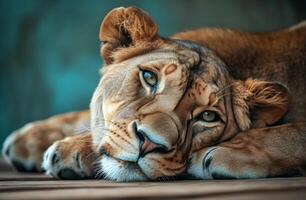 Majestic lioness resting on wooden log in a serene habitat during the golden hour photo