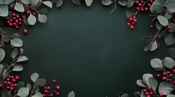 Green foliage with red berries arranged on a textured dark background for seasonal decoration photo