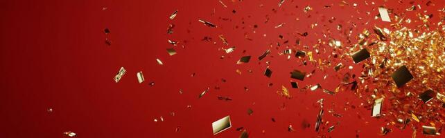 Golden confetti cascading against a vibrant red background during a festive celebration event photo