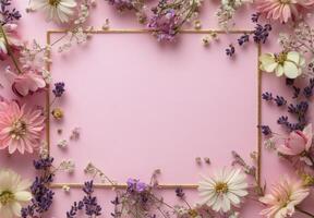 Beautifully arranged colorful flowers creating a decorative frame on a pastel pink background photo