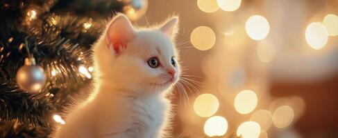 A cute white kitten with blue eyes snuggles by a sparkling Christmas tree photo