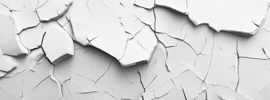 Cracked surface revealing texture and patterns on a dry, white wall in bright daylight photo