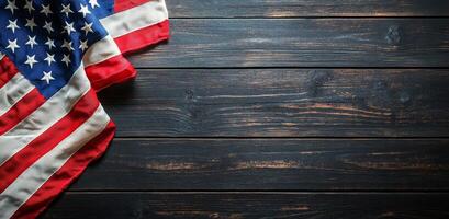 American flag draped on rustic wooden table background during a quiet moment of reflection photo