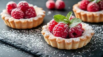 Delicious raspberry tarts with fresh mint displayed on a dark slate board photo