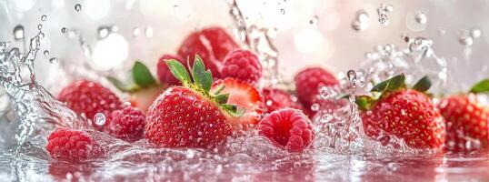 Fresh strawberries and raspberries splashing in water with a sparkling background photo