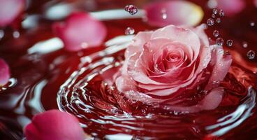 A pink rose surrounded by splashing water drops in a serene, red petal-filled setting photo