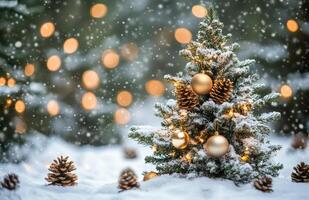 Beautifully decorated Christmas tree in a snowy forest with glowing lights at dusk photo