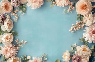 Floral arrangement with soft pink and white flowers on a blue background for a cheerful display photo