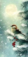 A winter bird perched on a snowy branch with berries under a glowing moonlight sky photo