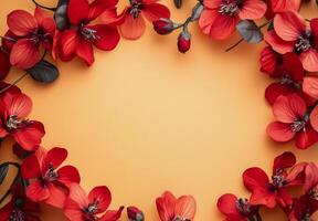 Vibrant red flowers arranged in a circular pattern against a soft orange background photo