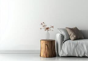 Cozy living room with a modern gray sofa and a potted plant on a wooden side table photo