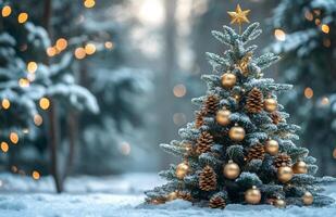 Beautifully decorated Christmas tree in a snowy forest with glowing lights at dusk photo