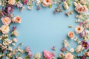 Floral arrangement with soft pink and white flowers on a blue background for a cheerful display photo