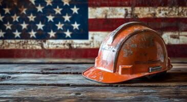 Rustic hard hat resting on wooden surface with American flag backdrop in a construction setting photo