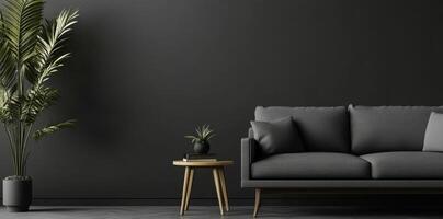 Modern living room with a black wall and stylish gray furniture in a minimalistic design photo